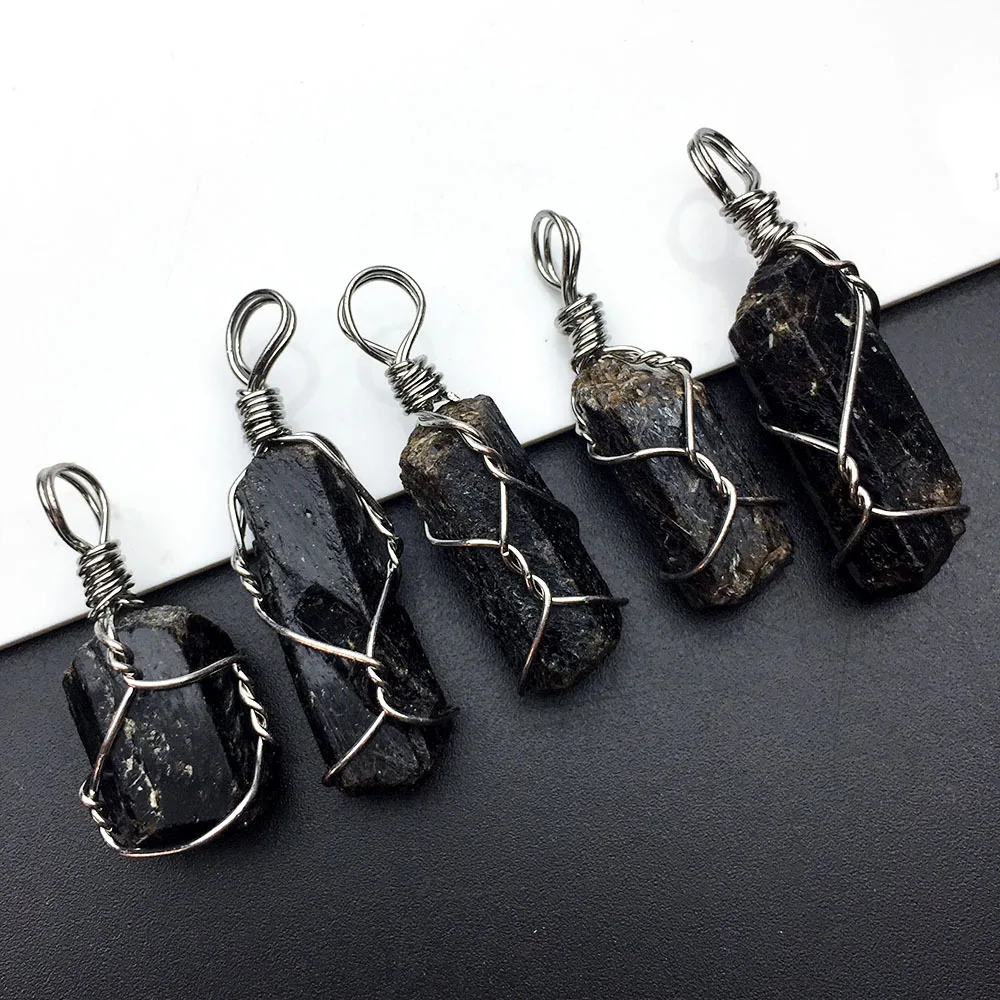 

Retro Reiki Healing Quartz Handmade Craft Wired Wrapped Stone Pendant Nuggets Natural Black Tourmaline Stone Pendants Women Male