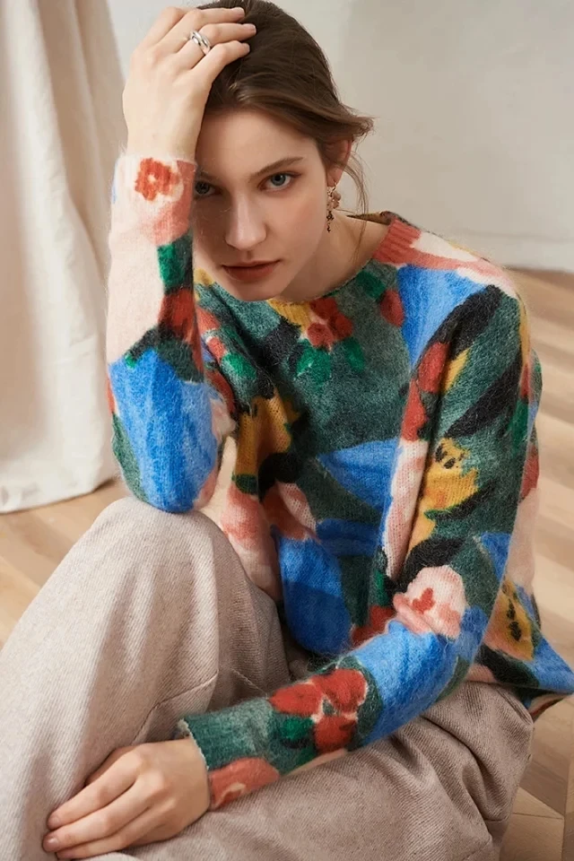 Women's Colorful Sweater Mohair O-neck Oil Painting French Style Loose Slim Knit Pull Top | Женская одежда