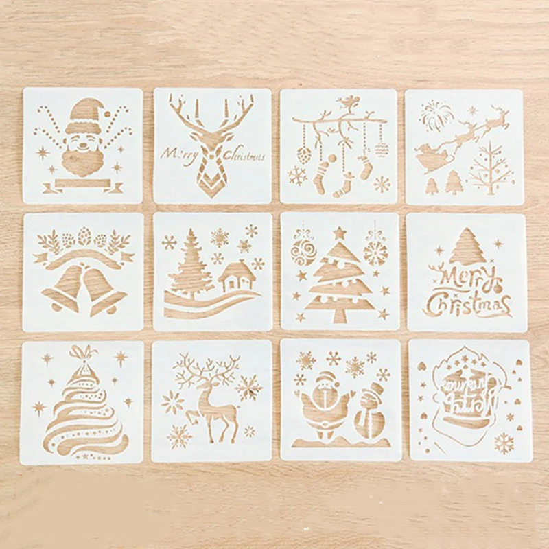 12pcs Christmas Reusable Stencils Plastic Template For Art Drawing Painting