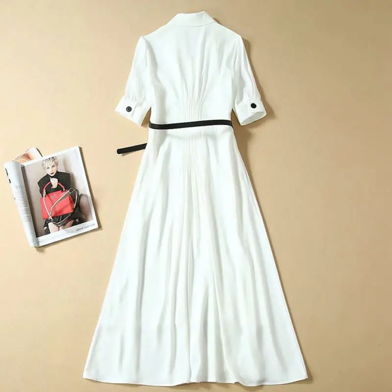 Buy Best lPeAR Women Dress Button Designer White Dress Elegant Turn Down Collar Short Sleeve Dresses A1118