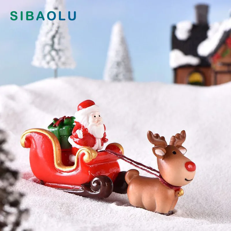 Christmas Santa Claus Sled Deer Tree Figurine Doll House Home Decor Miniature Fairy Garden Decoration Accessories Modern Statue