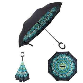 

Green Peacock Windproof Reverse Folding Double Layer Inverted Rain Umbrella Self Stand Rain Protection C-Hook Hands For Car