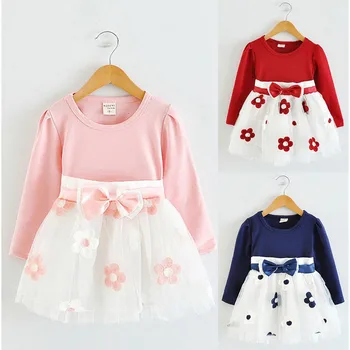 

Autumn Floral Bow Girls Dress Toddler Kids Baby Girls Long Sleeve Tulle Patchwork Flower Bow Dresses Clothes Children's Dress