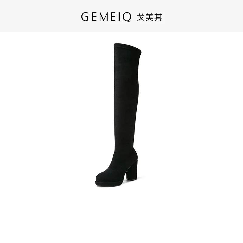 GEMEIQ Женские ботинки из новой коллекции с мульт-продукты, круглой головки, Обувь на высоком каблуке, с эластичной резинкой, ботинки с высоким голенищем, толстые ботинки, модные ботинки