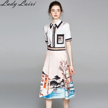 

Two Piece Sets Women Lace patchwork Shirt and Long Skirts Suits Flower Print Tops Vintage Skirt Sets For Elegant Women