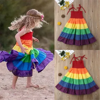 

Free Shipping Toddler Kid Baby Girl Rainbow Pageant Party Princess Dress Sundress Colorful Clothes 9M-7 Years Sister style
