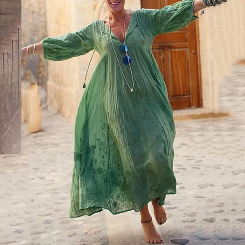 

Bohoartist Autumn Women's Green Boho Pullover Dresses Loose Bohemia Dresses