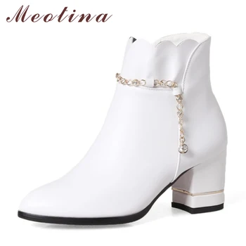 

Meotina Winter Women Boots Crystal Ankle Boots Zip Ruffles Chunky High Heel Boots Female Lady Autumn Shoes Size 33-43 Red White