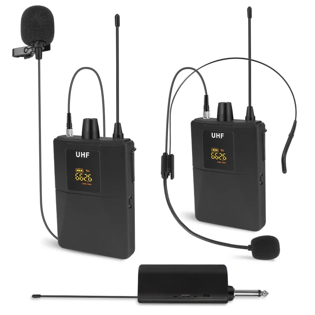 듀얼 무선 라발리에 라펠 마이크 전문 헤드셋 마이크, UHF 164ft 수신기, 충전식 카메라 유튜브 브이로그 녹화용