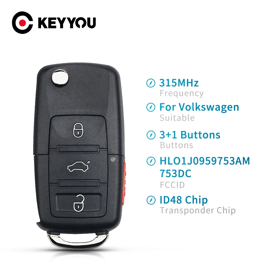 KEYYOU для Volkswagen VW Touareg Jetta Passat Fob ID48 Chip 315Mhz HLO1J0959753AM 753DC 3 + 1 кнопочный дистанционный