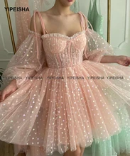 

Yipeisha Blush Mini Prom Dresses Puff Sleeves Printed Hearts Tulle Short Party Gowns A-line Formal Cocktail Dress