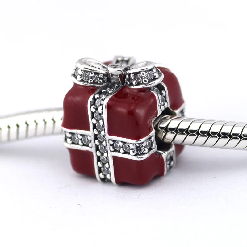 

Clear CZ & Red Enamel Gift Box Design Charm Beads for Silver 925 Original Chain Bracelets DIY Silver Beads for Jewelry Making
