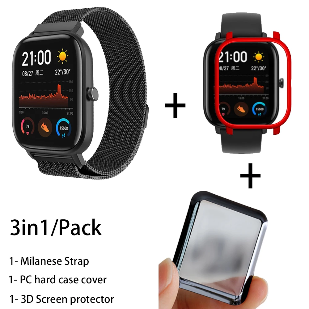 black-red 3в1 наручный ремешок для Amazfit GTS PC чехол металлический Миланский Браслет для Huami Amazfit gts ремешок для 3D экрана Защитная пленка - Цвет: black-red