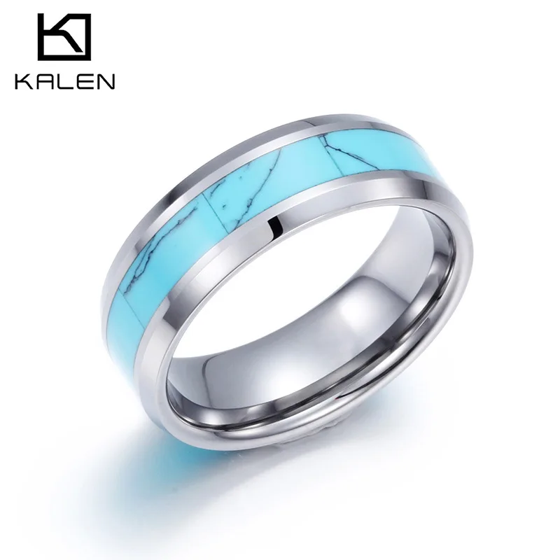 

Tungsten Ring Flat Batch Edge Inlaid Turquoise Hand Jewelry Tungsten Steel Men Ring