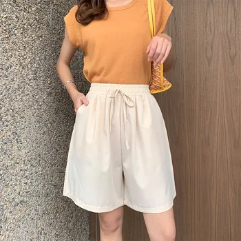

High-waisted Wide-leg Shorts Women's Chiffon Loose Casual Shorts Have A Pocket Silky Lace Up Mid-length Wide Shorts Summer 2020