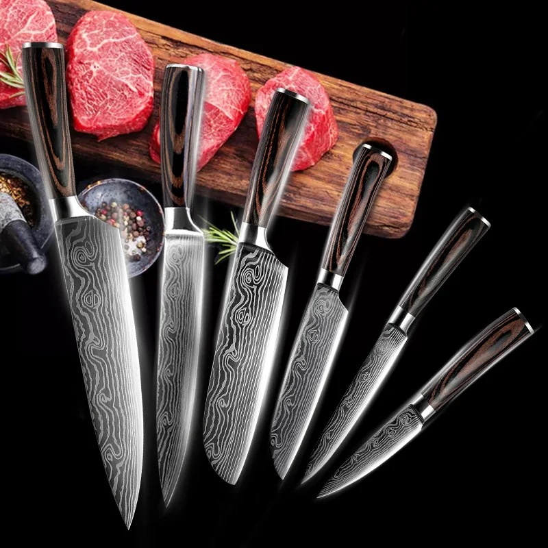 6 шт. Набор ножей 3," 5" " 8" Нож для нарезки шеф-повара японский нож для очистки овощей Santoku кухонные ножи дамасский острый нож