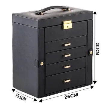 

Synthetic Leather Huge Jewelry Box Mirrored Watch Organizer Necklace Ring Earring Storage Lockable Gift Case Black