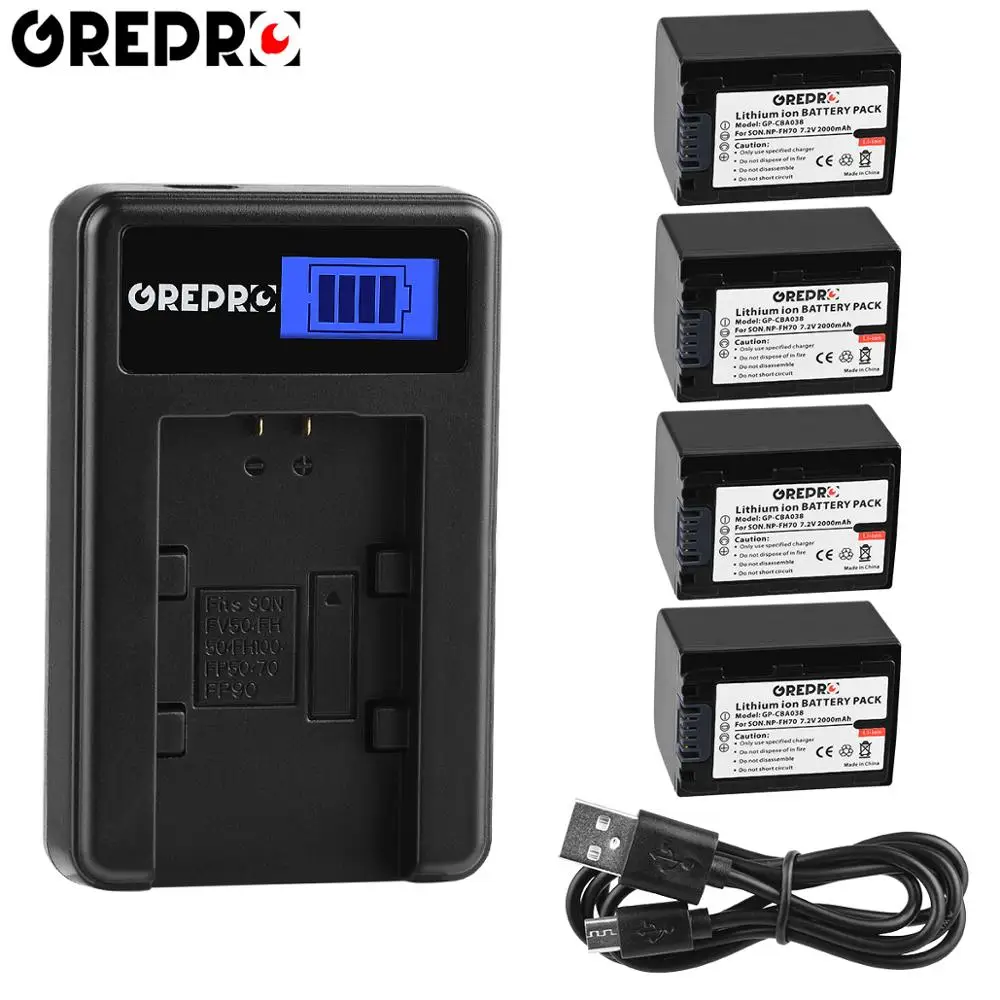 GREPRO 2000 мАч NP-FH70 NP FH70 литий-ионный аккумулятор+ ЖК-Зарядное устройство USB для sony DCR-SX60 TG1 TG3 TG5V HDR-UX7E UX7 UX5E камера - Цвет: 4B with charger