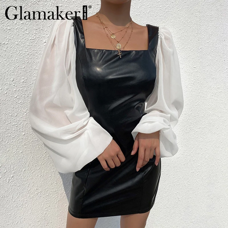 Glamaker кожаное элегантное облегающее платье с квадратным вырезом, женское мини-платье в стиле пэчворк с длинным рукавом-фонариком, женское осенне-зимнее сексуальное платье