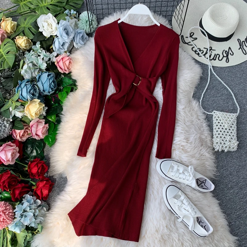 ALPHALMODA Осень Зима Новое поступление женское Облегающее вязаное платье с длинными рукавами v-образный вырез с пряжкой на талии женское однотонное платье