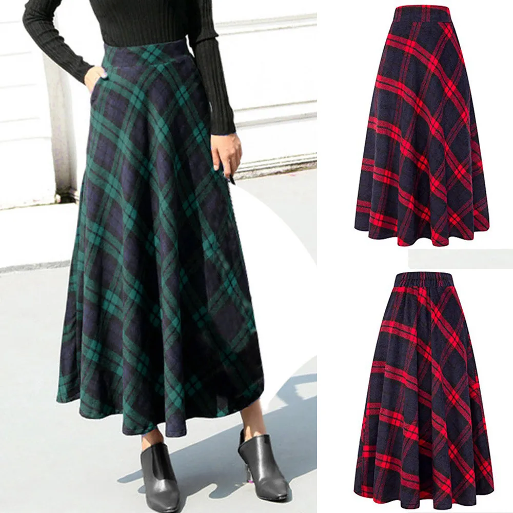 Womens High Elastic Waist Maxi A-line Skirt Winter Warm Lady Plaid Flare Long Ankle Skirt