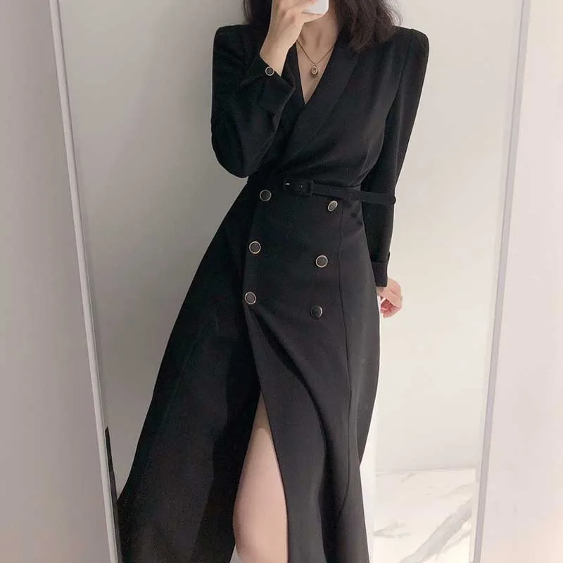 Korea One-Piece Chic Dress Women 2020 Spring Autumn Vintage Elegant Lapel Double-Breasted Lace-Up Waist Dresses For Female Dress