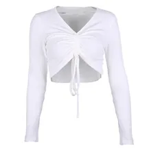 Модные белые рубашки для йоги на шнурке с v-образным вырезом, водолазка, Бесшовные женские с длинным рукавом, короткий спортивный топ A1