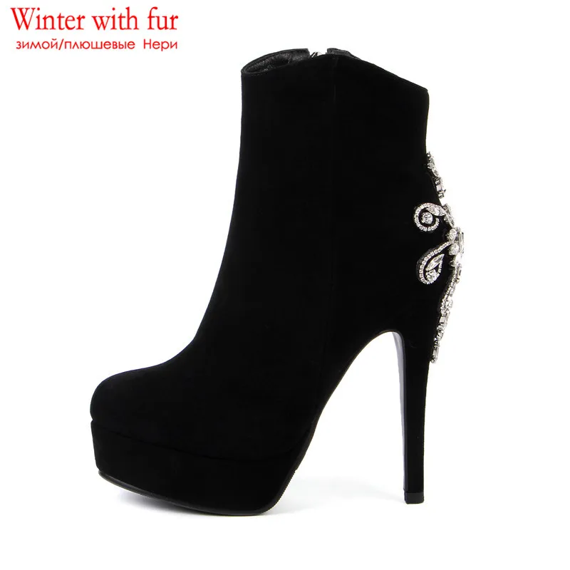 black with fur MORAZORA/ г., Новое поступление, Женские Ботильоны замшевые ботинки на платформе с высоким каблуком, украшенные кристаллами пикантные модные вечерние женские туфли для выпускного - Цвет: black with fur