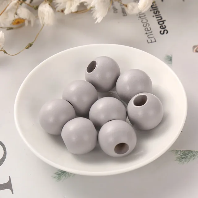 DIY New Products 20mm Colorful Big Hole Round Wooden Beads Custom Fashion Crafts Kid's Jewelry Baby Toys Accessories Wholesale Light Grey