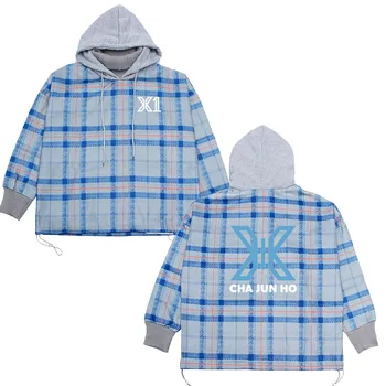 

X1 Kpop Hooded Sweatshirt lattice splice Boss Long sleeve coat Korean version Loose Women clothing spring autumn harajuku 2019