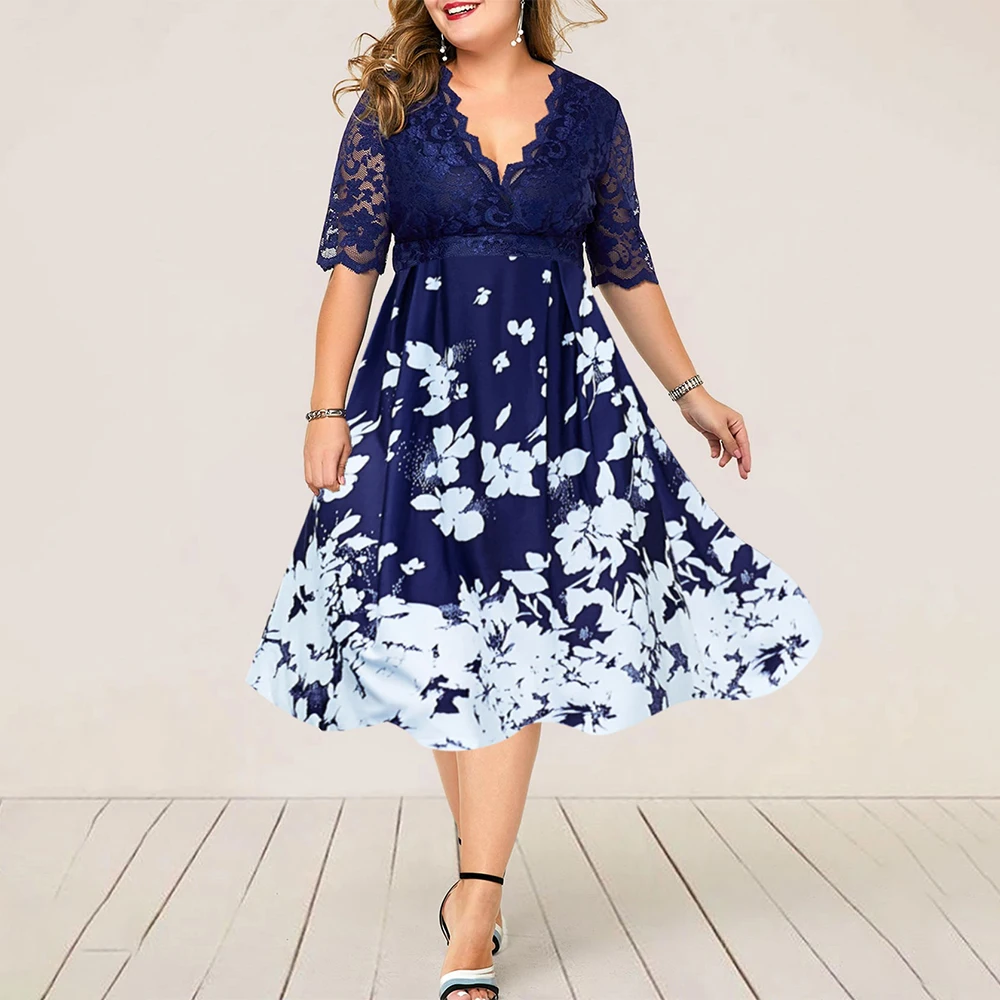 Большой размер женское цветочное полое платье с коротким рукавом с v-образным вырезом элегантное облегающее платье женский вечернее сексуальное синее кружевное длинное платье D25