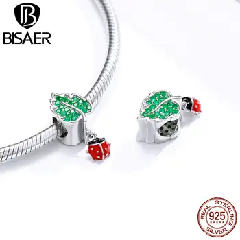 

BISAER Green Leaves Dangle Ladybug Charms 925 Sterling Silver Red Enamel Beads Pendant For Pan Bracelet Women Jewelry HVC236