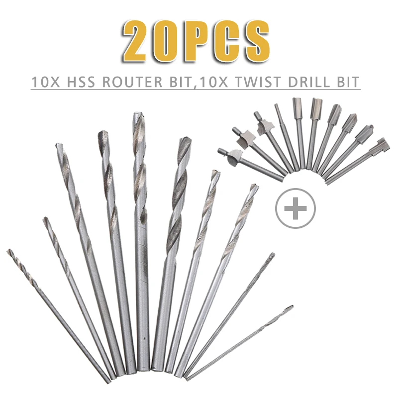 

20pcs HSS Router Drill Bits Set Hole Cutter Woodworking Metal Drilling Tool Rotary Tools Cutting Guide Twist Drill Sets