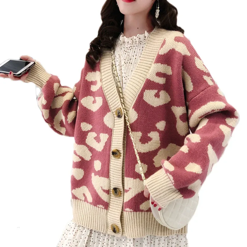 

OHRYIYIE Pink V-Neck Sweater Cardigan Autumn Winter Women Loose Fashion Korean Leopard Print ThickKnitted Cardigans Coat Lady