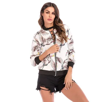 

Lady Fashion Autumn O-Neck Coat Outwear Baseball Uniform Women Jacket Retro Flying Pattern Zipper Jacket