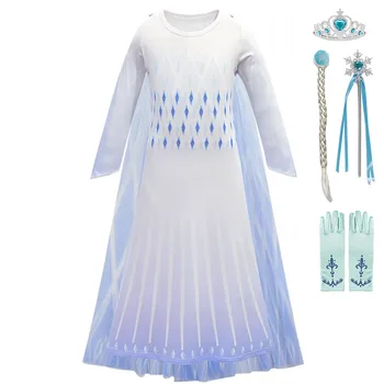 

New Elsa Dress For Girl Cosplay White Snowflake Print Dress Snow Queen 2 Ending Frocks Elsa Inspired Costume Movie Role Playing