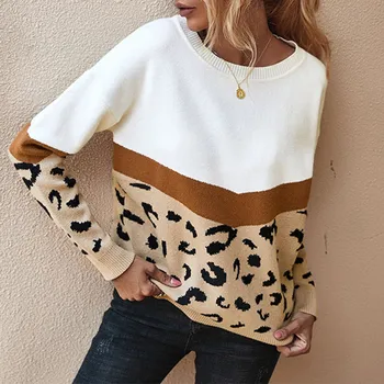 

Leopard Print Women Sweater Colorblock Patchwork Loose Female Pullover Contrast O-Neck Casual 2020 Autumn Winter Lady Jumper