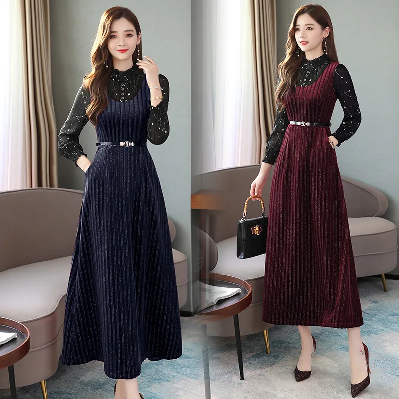 

2019 Autumn New Style Elegant Elegant Large Size Crew Neck Long Sleeve Mid-length Slimming Waist Hugging Retro Velvet Dress Wome