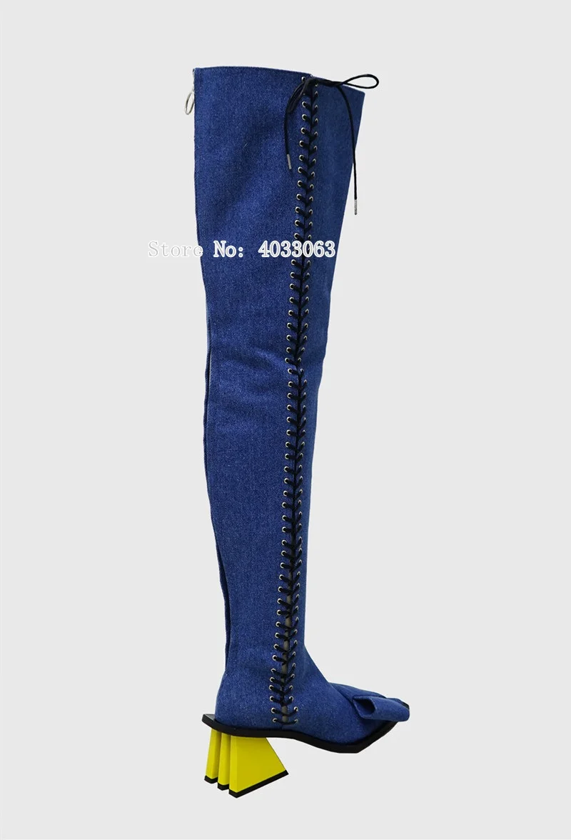 Botas Mujer/ г. Обувь для подиума женские сапоги до бедра на шнуровке с перекрестной шнуровкой Женские Сапоги выше колена с острым носком и бантом на не сужающемся книзу массивном каблуке