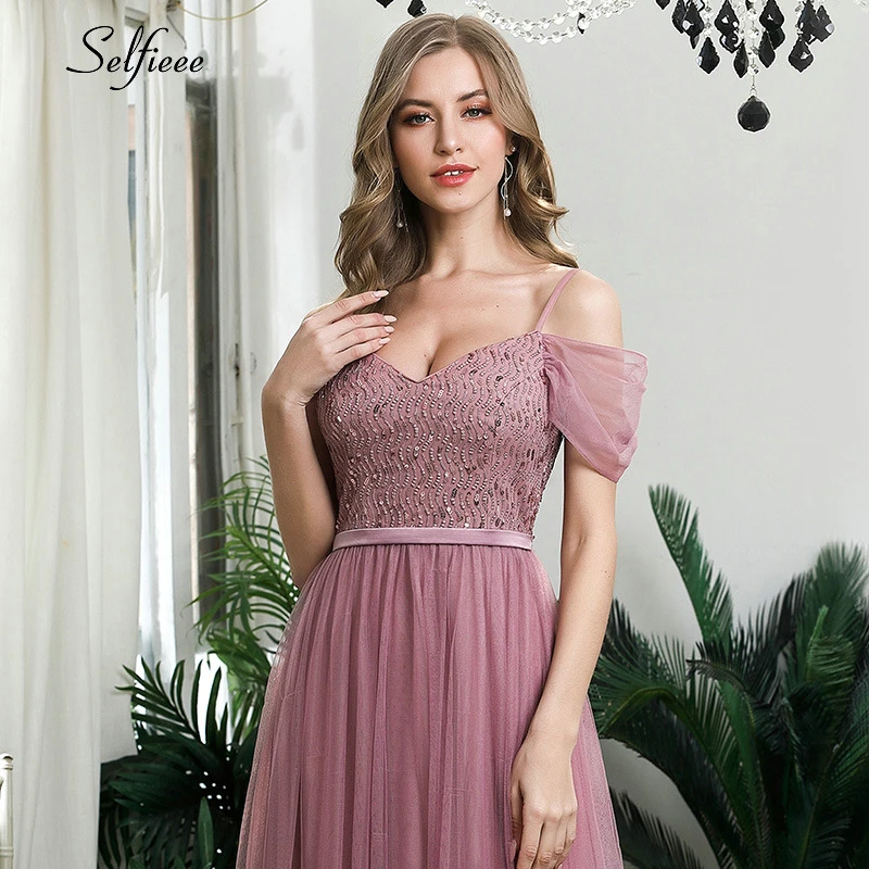 Elegant Laides Party Dress A-Line V-Neck Spaghetti Straps Sequined Short Sleeve Maxi Women Dress Sparkle Formal Gown Robe Femme