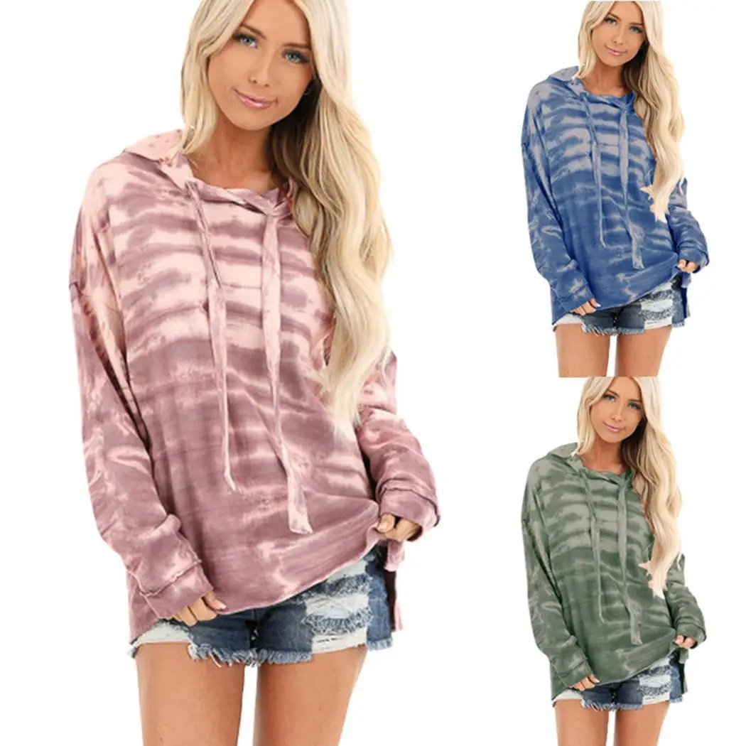 

New Fashion Women Casual Hooded Long Hips Length None Pullover, Regular fit dyeing Sleeve Tie Dyeing Hoodie