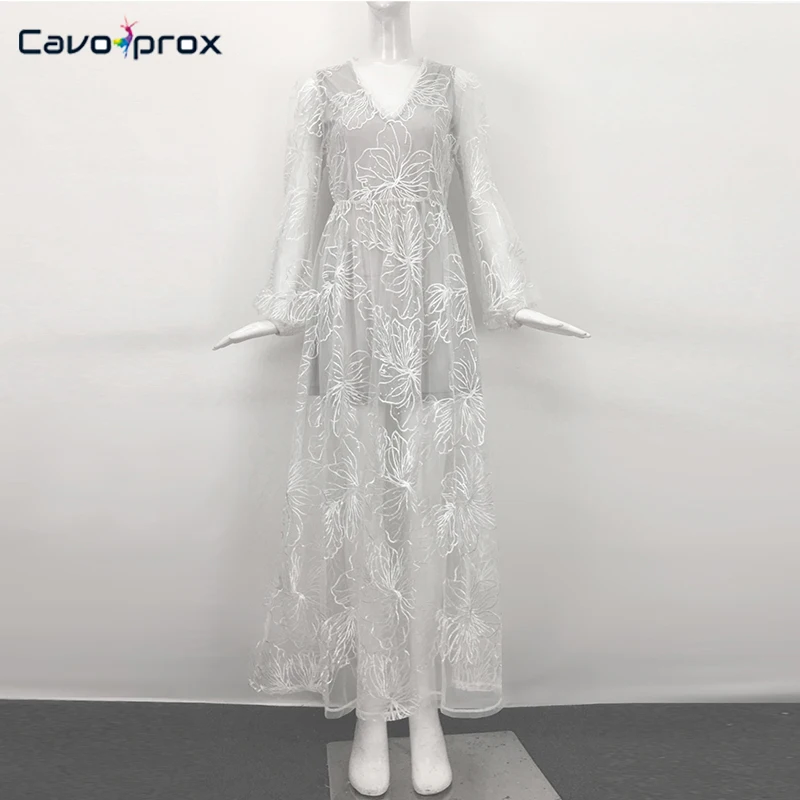 Женское элегантное Кружевное Платье макси с v-образным вырезом и длинным рукавом, большие размеры