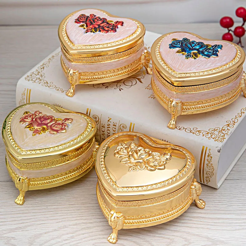 Creative European-style Exquisite Metal Jewelry Storage Box Heart-Shaped Rose Wedding Ring Proposal Keepsake Gift Box for Women creative heart shaped jewelry box ring earrings treasure case keepsake box organizer mothers day gifts mom birthday gifts