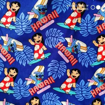 

Good Blue Cartoon Children Fabric Big leaf Lilo and Stitch Print Cotton Fabric Sewing Material For DIY Children Shirt Clothing
