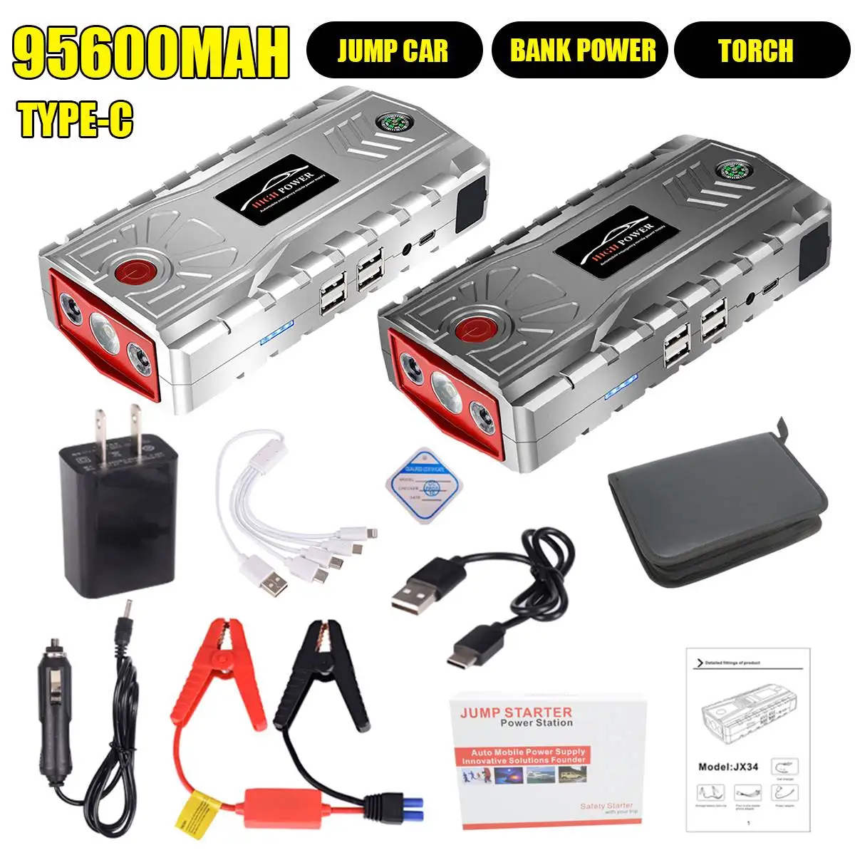 95600 мА/ч, Портативный автомобильное пусковое устройство Power Bank аварийный усилитель аккумулятора цифровой Зарядное устройство с светодиодный фонарик 4 Тип usb C Порты и разъёмы
