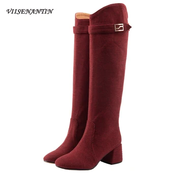 

Knee-High Western Metal Decoration Pointed Toe Womens Riding Boots Thick High Heel Belt Buckle Plush Fashion Red Punk Shoes
