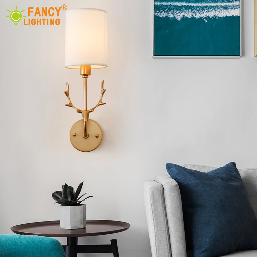 

(E14 LED Bulb For Free)Nordic led wall lamp Antler indoor wall light Fabric shade wall sconce bedroom lights Golden light wall