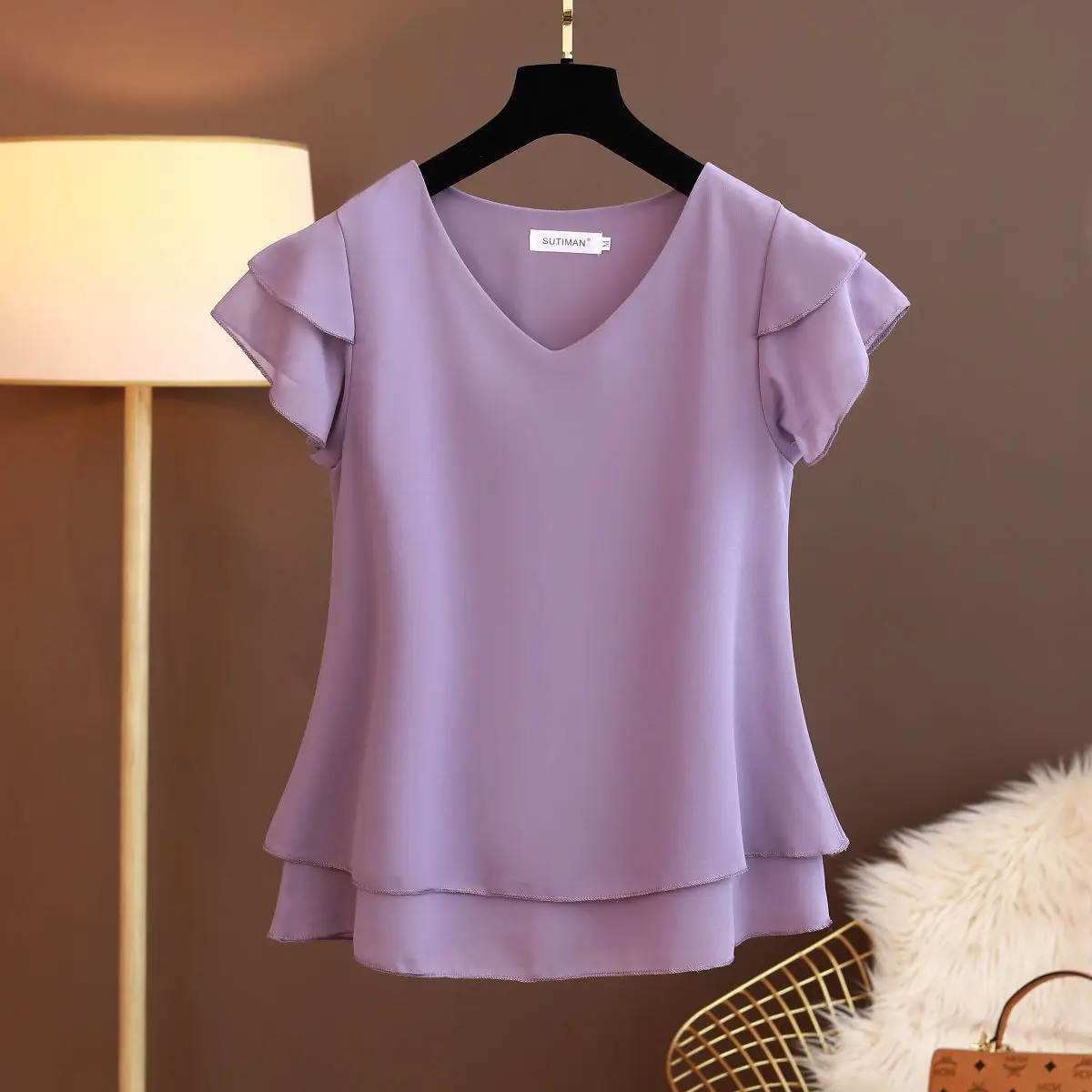2026 New Summer Women Blouse Loose V-Neck Chiffon Shirt