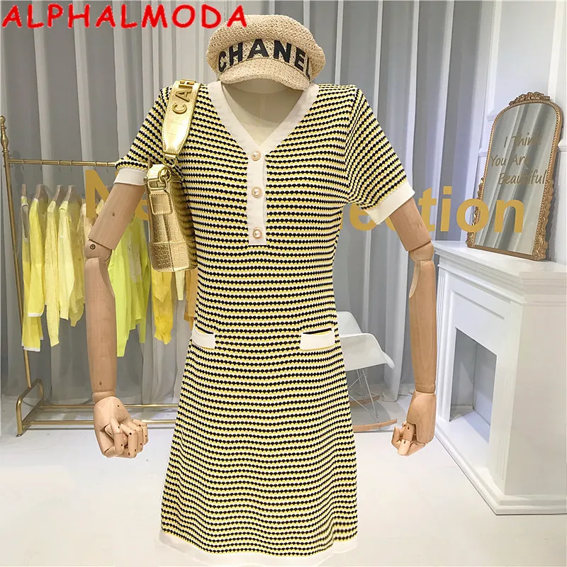ALPHALMODA 2020 весна лето женское элегантное вязаное платье с коротким рукавом