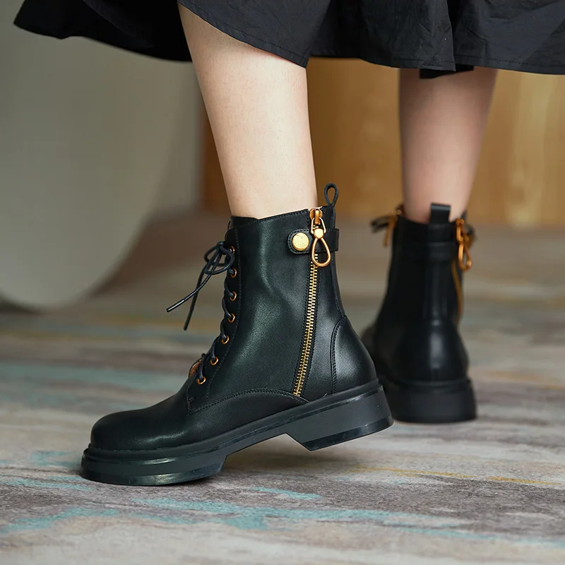 

Genuine Cow Leathe Flat bottom 2020 autumn new zipper British style retro thick bottom single boots ankle boots women